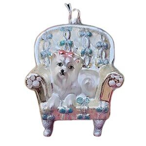 Maltese White Fancy Dog In Silvertone Chair W/Handpa Glitter 4" Plastic Ornament